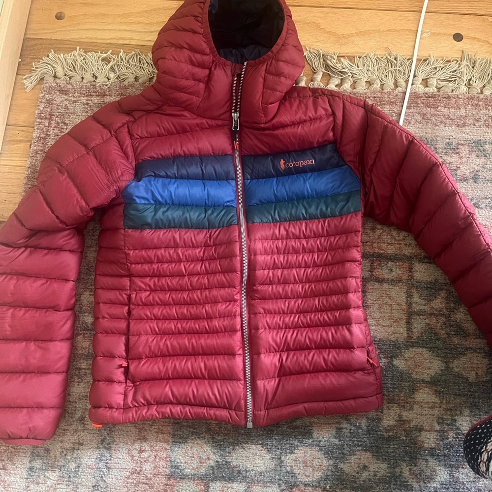 Cotopaxi Red Puffer Jacket with Blue and Green Stripes